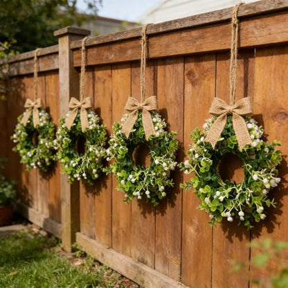 4 Pcs Small Spring Summer Hanging Wreaths for Cabinets Artificial Greenery Eucalyptus White Berry Mini Candle Ring Wreath with Foliage for Home Kitchen Front Door Window Porch Wall Wedding Decor