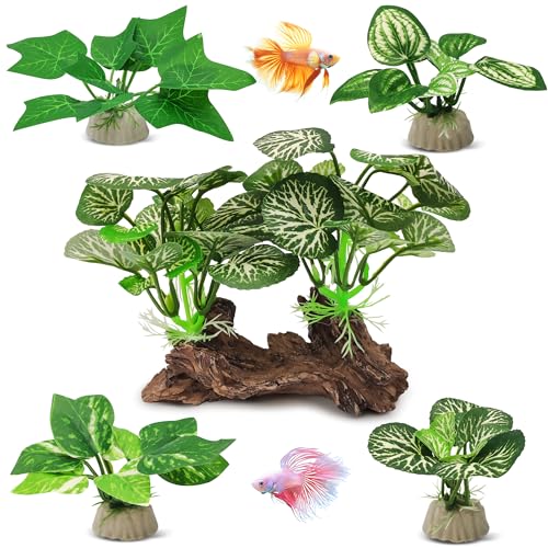 GOZILLA Silk Fish Tank Plants,Reptile Artificial Plant,Reptile Plants for Terrarium,Aquarium Decorations Accessories Set,Resin Driftwood Artificial Silk Aquarium Plant for Fish Tank.(5PCS/D-Set) - color: 5pcs/D-set