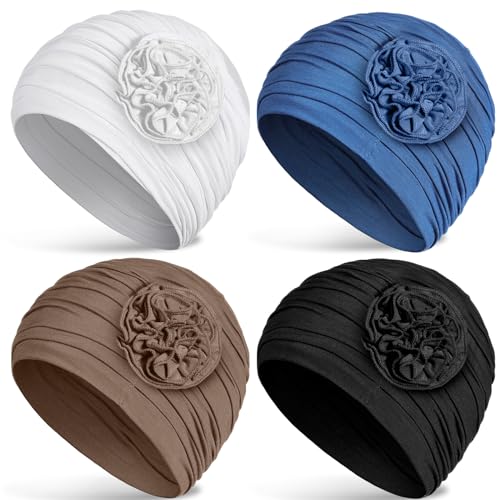 JenPen 4 Pcs Cotton Chemo Headwear for Women Turban Soft Cancer Head Scarf Hats Beanie Elastic Hair Wraps - color: Classic Colors