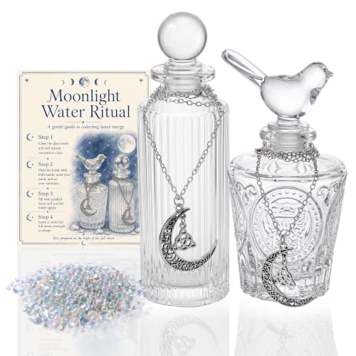 2Pcs Moon Water Glass Bottle with Celtic Crescent Charm, Moonstones