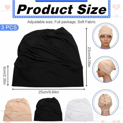 JJUNW 3Pcs Under Caps for Hija, Non Slip Hijab Undercap with Tie Adjustable Women Undercap Under Scarf（Black, White, Beige）
