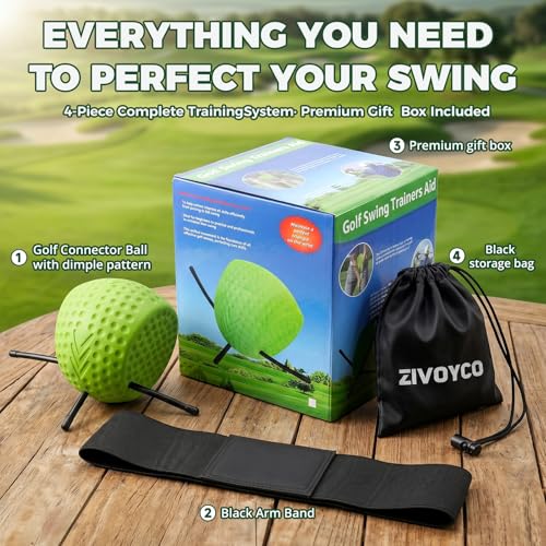 The Connector Golf Training Aid Ball, Golf Swing Trainer for Fix Chicken Wing – Posture Correction Kit with Arm Band, Golf Training Aids Swing Mechanics, Muscle Memory Builder, Perfect Golf Gift Set