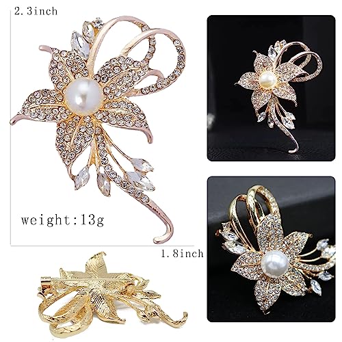 Crystal Pearl Flower Brooches Pins Fashion Beautiful Created Rhinestone Floral Brooch Good Idea for Party Dance Wedding Banquet for Elegant Women Girl - color: Gold Flower