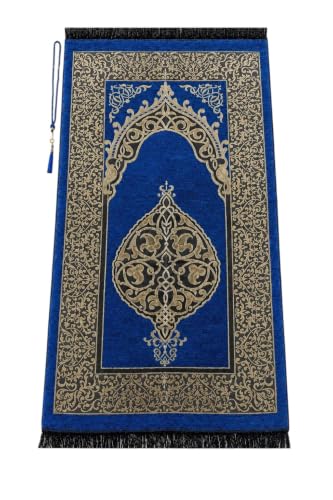 ihvan online Muslim Prayer Rug with 99 Beads Tasbih, Soft Chenille Sajadah, Lightweight & Foldable Janamaz, Portable Travel Prayer Mat, Islamic Gift for Eid, Ramadan, Hajj & Umrah, Navy - color: Navy