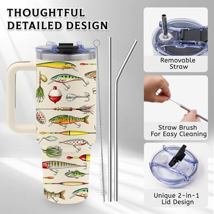 40 Oz Tumbler with Handle, Fishing Gifts for Men Dad Boyfriend | Animal Tumbler with Handle Fish Gifts for Fishemen, Stainless Steel Insulated Tumblers, Animal Lovers Gift for Birthday - color: Fishing-White