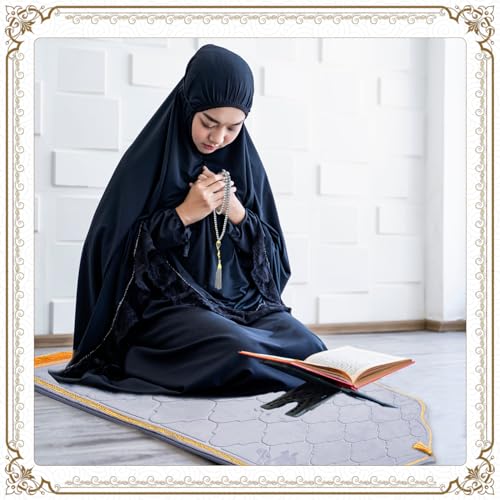 Muslim Prayer Rug with Tasbih Prayer Beads, Extra Thick Padded Non-Slip Islamic Prayer Matt,Turkish Praying Carpet Ottoman Blankets Ramadan Gift for Ramadan, Eid, Hajj, Travel, Pray (Grey) - color: Grey