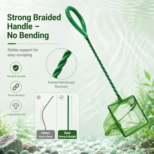 2 Pack Aquarium Fish Net, 4 Inch Fine Mesh Fish Tank Net with Durable Braided Handle, Small Net for Fish, Shrimp, Debris Cleaning in Aquarium, Pond & Pool