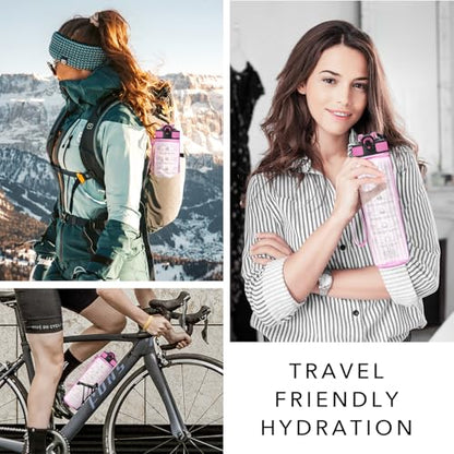 Hyeta Water Bottle with Straw & Time Marker, Plastic 32oz Leakproof | Motivational Tritan BPA Free Gym Office Outdoor Intake Tracker Hourly Reminder Straw Lid Carry Strap - color: Clear Pink