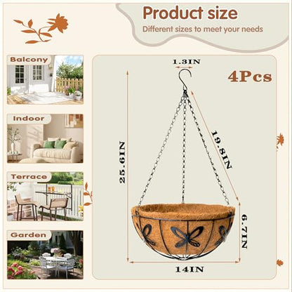 14 inch Metal Hanging Baskets For Plants Outdoor 4 Pack Round Metal Wire Hanging Basket Planter with Coco Fiber Liners Chain Round Wire Plant Holder for Garden, Patio, Deck, Porch Plants Flower Potss - size: 14 Inch, style: Butterfly