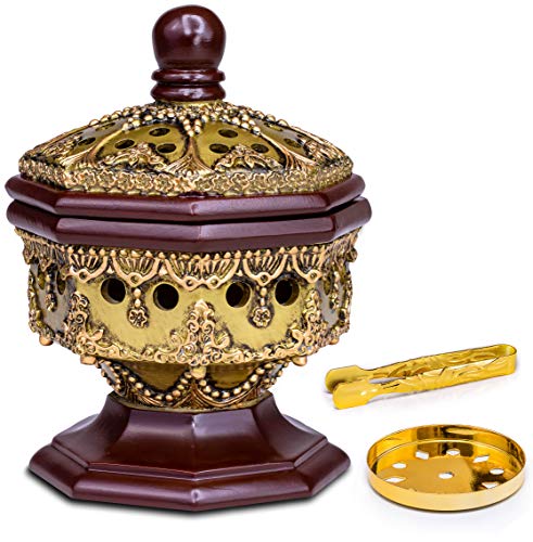 AM Lux Octagon Incense Burner – Charcoal Bakhoor, Cone & Frankincense Resin Holder | Mabkhara for Office, Spiritual Room & Islamic Gifts (Bronze) - color: Bronze