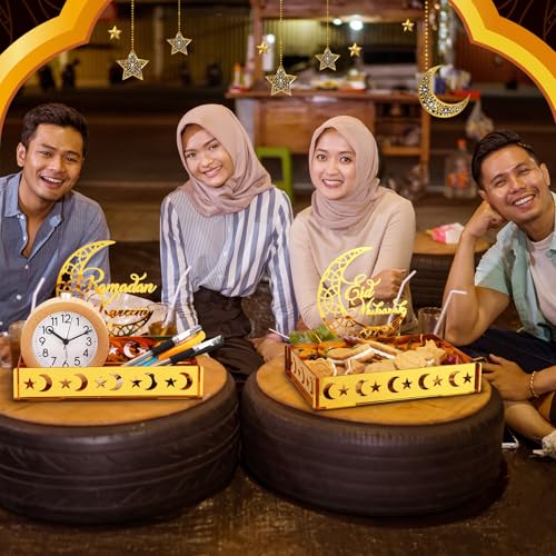 DoubleFill 3 Sets Ramadan Serving Tray Gold Eid Mubarak Holder Al-fitr Home Decoration for Moon Star Tray Gold Container for Home Islamic Muslim Party Tableware Kitchen Dessert Food Storage(Novetly) - style: Novetly