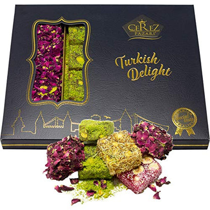 Cerez Pazari Turkish Delight Pistachio and Hazelnut with Fantastic Rose & Pomegranate Flavour Experience in Luxury Large Gift Box 500g | Assorted Gourmet, Sweet Vegan Traditional Lokum (16-20 Pcs) - size: 17 ounces
