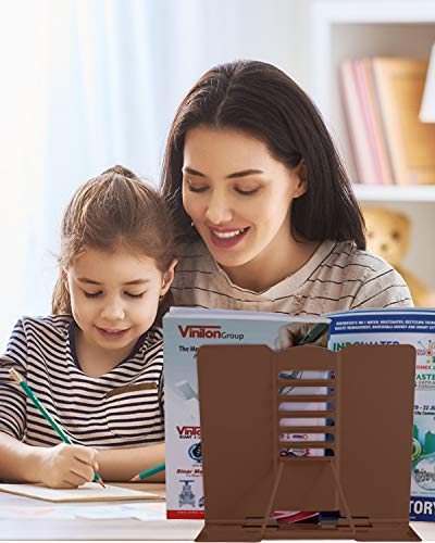 MSDADA Desk Book Stand Metal Reading Rest Book Holder Adjustable Cookbook Documents Holder Portable Sturdy Bookstands for Recipes Textbooks Tablet Music Books with Page Clips (Brown) - color: Brown