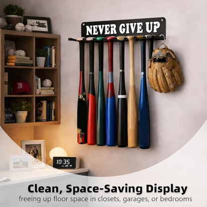Baseball Softball Bat Holder Wall Mount Storage Rack Metal Hanger Home Field Organizer Equipment Sports Hook Hanging Holds 14 Bats Carabiners Included Never Give UP - style: NEVER