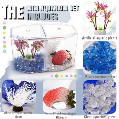 Small Fish Shrimp Tank - Mini Sea Monkeys Tank Tiny Aquarium Tank - Include Hideout Decoration & Fish Tank Gravel - 2/5 Gallon Fry Fish Bowl Divided Compartments Beta Fish Tanks for 2 Betas