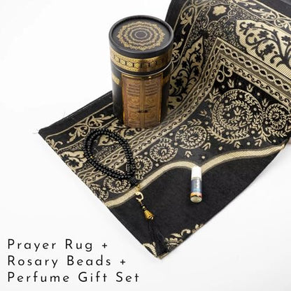 Islamic Prayer Rug 4 Pcs Gift Set with Kaaba Design Box | Sajadah, Tasbih, Perfume | Suitable for Ramadan, Eid, Travel, or Home (Black, Standart) - color: Black