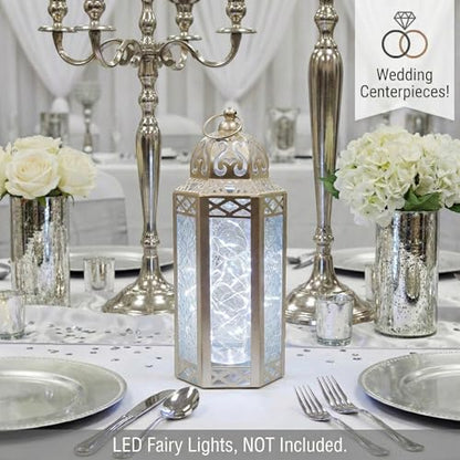 Vela Lanterns Decorative Indoor Moroccan Candle Holder, White Gold, M, 2PK | Ramadan Decorations for Home, Turkish Votive Pillar Lamp, Boho Champagne Tealight Centerpiece, Eid Diwali, 10.5in Tall