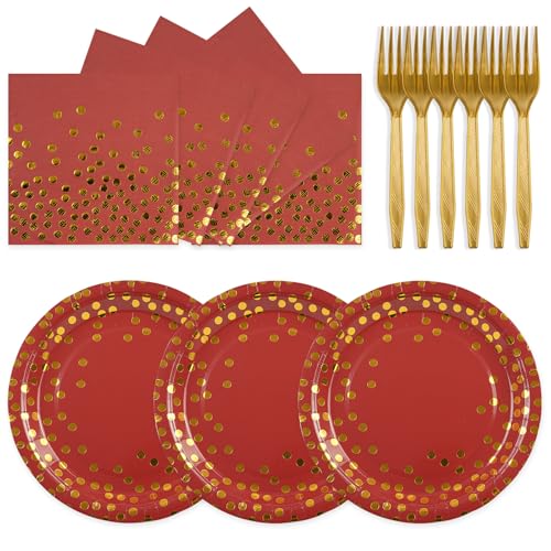 Paper Plates and Napkins Set, Red and Gold Dot, 75PCS, Serves 25 - color: Red Gold Dot, size: 7inch-75pcs
