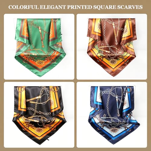 DRESHOW 35” Large Square Satin Head Scarf - 4Pcs Silk Accessories Classic Patterned Squares Beach Bandanas for Women - color: 4 Pcs Printed: Navy Blue, Black, Coffee, Dark Green
