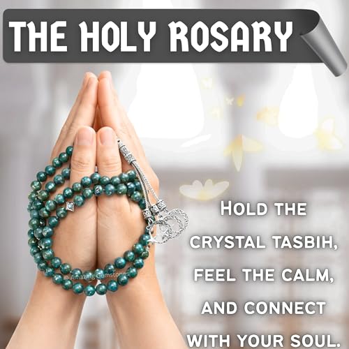 Amazing Gemstone Moss Agate Tasbeeh with Moon and Star Charm - Certified Crystal Muslim Prayer Beads Natural Gemstone Tasbih Gift for Ramadan Dhikr and Daily Namaz (S) - color: Moss Agate