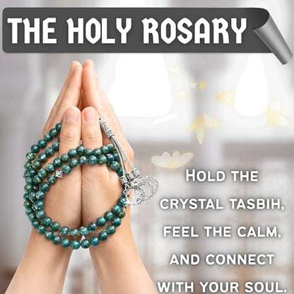 Amazing Gemstone Moss Agate Tasbeeh with Moon and Star Charm - Certified Crystal Muslim Prayer Beads Natural Gemstone Tasbih Gift for Ramadan Dhikr and Daily Namaz (S) - color: Moss Agate