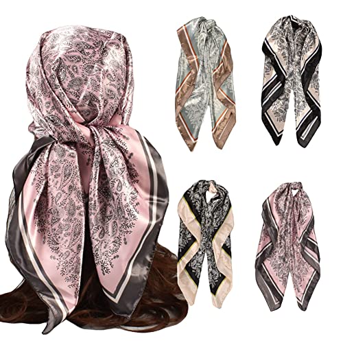 4Pcs Silk Head Scarves for Women Satin Hair Scarf 35”Large Square Bandana Silk Like Neck Scarf Shawl - color: Beige/Black/Pink/Green