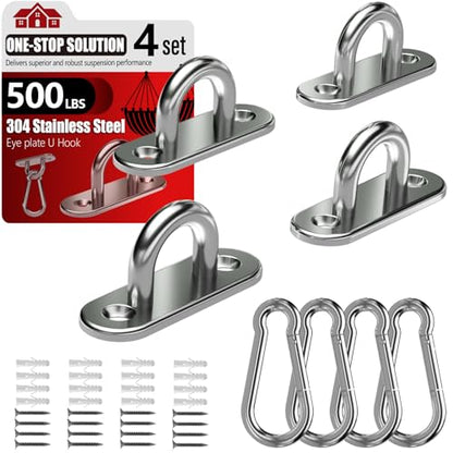 sprookber 304 Stainless Steel Pad Eye Snap Hooks, M5 Heavy Duty Ceiling Hooks, 500 lb Capacity Hammock Swing Hanging kit, Plant Hangers, Marine Hardware Staple Hook Loop with Screws, Set of 8 - size: 2 Inch, style: Oval