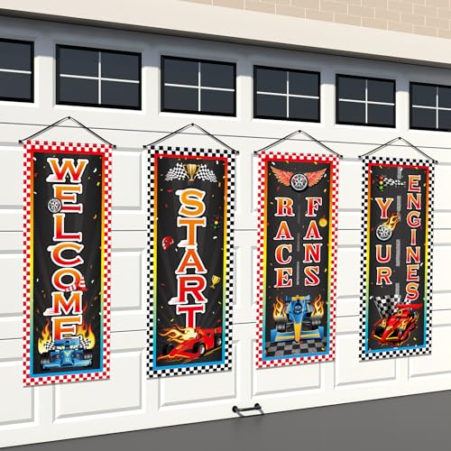 Panelee 4 Pcs Race Car Party Banners Racing Car Birthday Decorations Checkered Racing Flag Porch Sign Hanging Door Banner for Indoor Outdoor Race Party Decoration Backdrop Supplies (Race) - style: Race