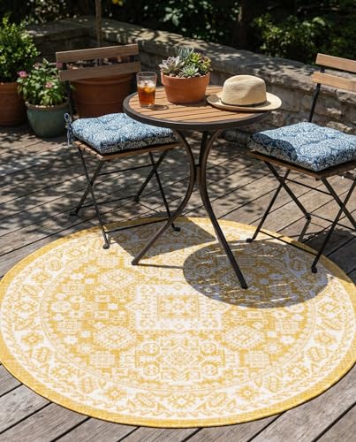 Rugs.com - Outdoor Aztec Rug – 4 Ft Round Yellow Indoor/Outdoor Rug – Flatweave Aztec Design for Patio, Deck, and Porch - color: Yellow, size: 4' (Round)