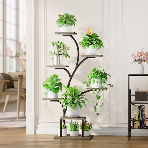 BACEKOLL Plant Stand Indoor with Grow Lights, 7 Tiered Indoor Plant Shelf, 49" Corner Plant Stands for Indoor Plants, Metal Plant Flower Display Shelf, Tree-Shaped Plant Rack for Home, Patio, Grey