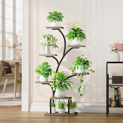 BACEKOLL Plant Stand Indoor with Grow Lights, 7 Tiered Indoor Plant Shelf, 49" Corner Plant Stands for Indoor Plants, Metal Plant Flower Display Shelf, Tree-Shaped Plant Rack for Home, Patio, Grey