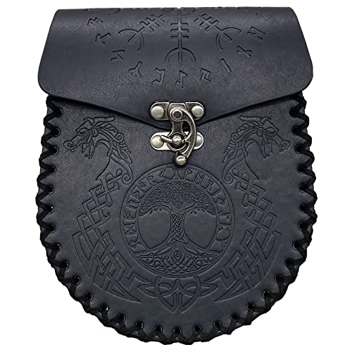 HiiFeuer Nordic Embossed Belt Bag, Retro Medieval Faux Leather Side Pocket, Portable Vintage Waist Bag for LARP Ren Faire - color: Dragon Black