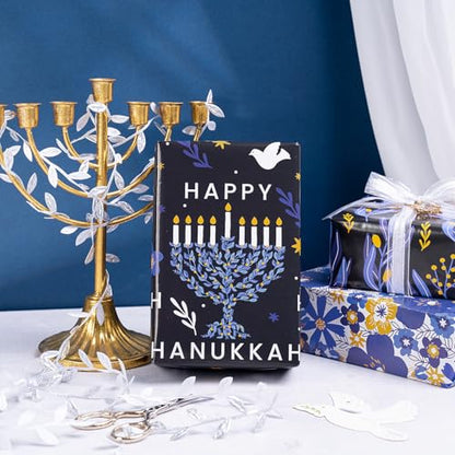 RUSPEPA Hanukkah Wrapping Paper Sheets, Menorah, Star of David, Dreidel and Floral Design, Blue and Gold Gift Wrap Perfect for Jewish Holiday Gifts and Christmas, 6 Folded Sheets, 19.68 X 27.5 Inch - color: Dark Blue Hanukkah