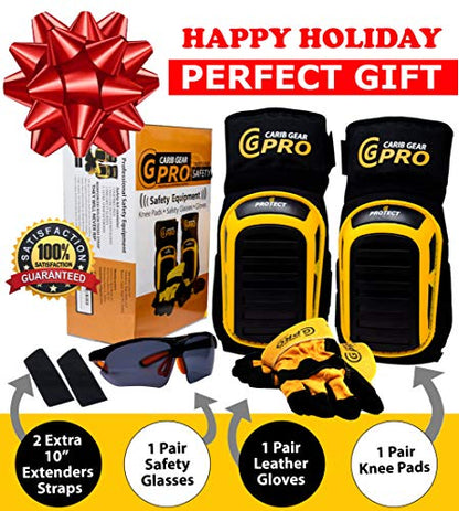 CARIB GEAR PRO USA Work Knee Pads for Men and Women Heavy Duty Double Gel Construction Knee Pads with Anti Slip Straps for Flooring Tiling Gardening Includes Leather Gloves and Safety Glasses
