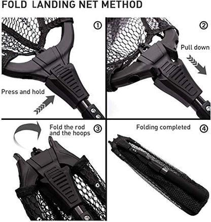SANLIKE Collapsible Telescopic Fishing Net Rubber Coated Salt/Freshwater | Rubber coated net, fiberglass pole, non-slip rubber handle, various telescopic sizes, one-click storage - color: Black, size: 17 inches to 43