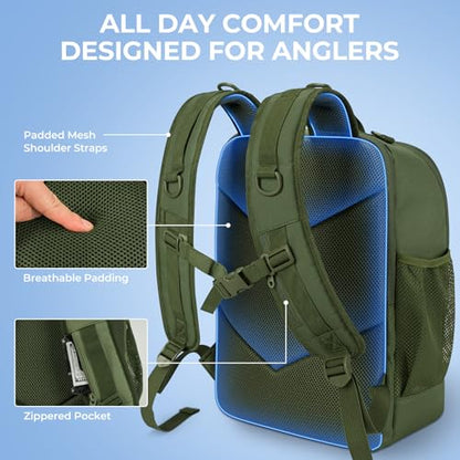 KastKing KarryAll Fishing Backpack with Rod Holder 4 Tackle Boxes, 40/26L | Tackle Bag Storage Fishing Gear and Equipment, Water‑Resistant Material, Fishing Gift for Men - color: F: Medium (26 L) - Green