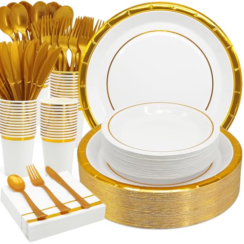 AIRE Gold White Paper Plates Set, 175PCS Disposable Tableware for 25 - color: 175pcs White Gold