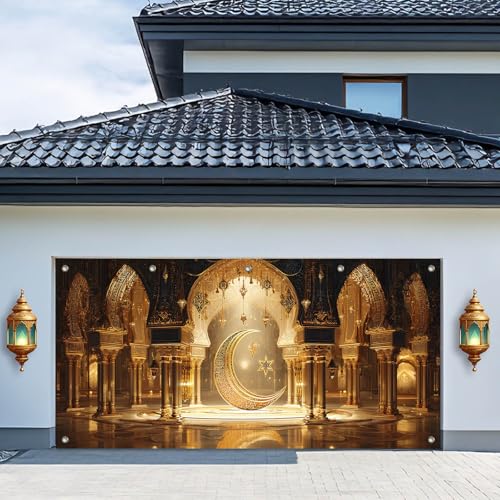 HOMETITUTE Ramadan Backdrop Eid Mubarak Ramadan Garage Door Banner 13x6ft Eid Mubarak Large Background Crescent Moon and Star Mosque Arch Design for Eid Celebration Outdoor Ramadan Decorations for Home