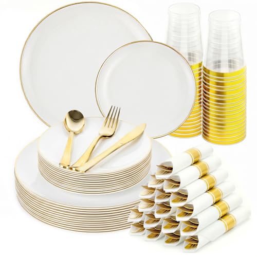 175pcs Plastic Dinnerware Set White and Gold for 25 Guests - color: White, size: 175pcs（25guests）