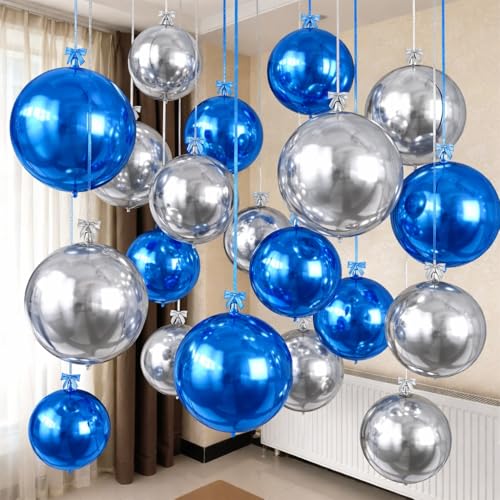 Togvu Blue Silver Round Foil Balloons, 16PCS Different Sizes 4D Metallic Balloon Large Sphere Mirror Ball Balloons for Prom Graduation New Year Birthday Party Wedding Ceiling Decorations Supplies - color: Blue Silver