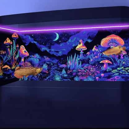 72X24IN Blacklight Mushroom Flower Black Light Aquarium Background, UV Fish Tank Background Moonlight Mountain Forest Landscape Terrarium Background with 10 EVA Double-Sided Tape - size: 72X24in/180X60cm
