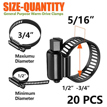 BOTTEN 20pcs Black Hose Clamp,1/2"-3/4"(13-19mm)304 Hose Clamps Stainless Steel Adjustable Worm Gear Hose Clamps Assortment Kit,radiator hose clamps fuel line clamps - size: 1/2''–3/4''