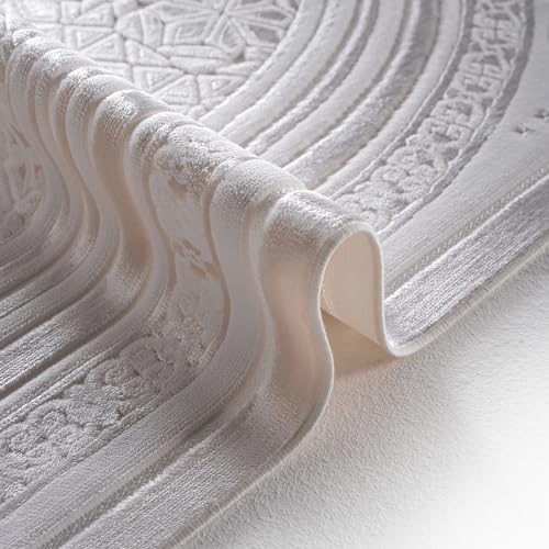 Modefa Luxury Velvet Prayer Rug with Prayer Beads | Soft Elegant Muslim Turkish Janamaz Sajada Carpet for Men and Women | Plain Solid Prayer Mat Ramadan Eid Gift - Najma (White) - color: Najma White