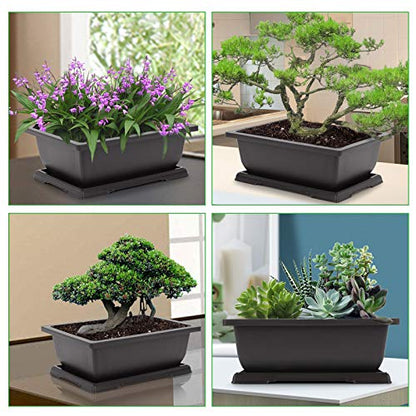 GROWNEER Bonsai Pots 3 Packs 11 Inch Bonsai Tree Training Pot with Humidity Drainage Trays & Repotting Mat Rectangle Planter Plants Starter Kit Growing for Garden Yard Office Indoor Outdoor - size: 3pcs/11.4x8.5in