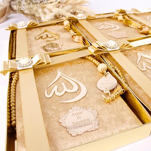 IEF Personalized Yaseen Dua Book Prayer Beads Islamic Gift Set, Ramadan Eid Wedding Birthday Anniversary Mother's Day Father's Day Gifts, Party Favors for Guests (Style-1) | Personalized Velvet Dua Book and Tasbeeh set - color: Gold