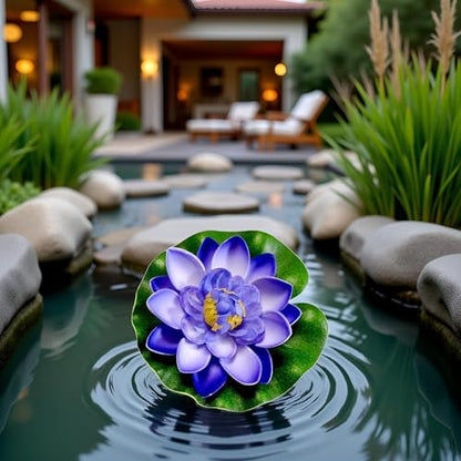 Jinshining 1pc Blue Artificial Floating Foam Lotus Flower with Water Lily Pad,Lifelike Pond Pool Lotus Ornaments,Realistic Ornament for Home Garden Pond Aquarium Decor,Artificial Plants and Flowers