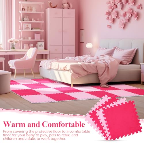 Ceenna 60 Pieces Plush Puzzle Foam Floor Mat Square Interlocking Carpet Tiles with Fluffy Play Mat Floor Tiles Soft Climbing Area Rugs for Living Room Floor Gym Area(Pink, Rose Red)