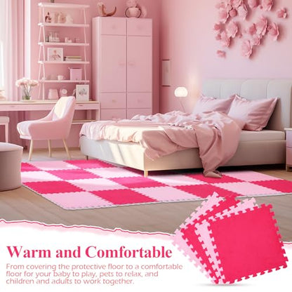 Ceenna 60 Pieces Plush Puzzle Foam Floor Mat Square Interlocking Carpet Tiles with Fluffy Play Mat Floor Tiles Soft Climbing Area Rugs for Living Room Floor Gym Area(Pink, Rose Red)