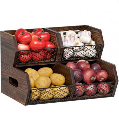 Wood Potato and Onion Storage Bins, Stackable Pantry Organizer, Rustic Produce Storage Baskets for Vegetable, Fruit and Snack
