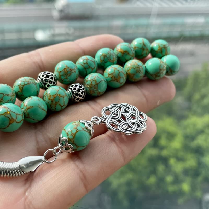Tasbih Green Turquoise Stone Inside Gold Line Muslim Prayer Beads Islamic Rosary Beads Bracelet (10mm x 99 Beads) - size: 10mm x 99 beads
